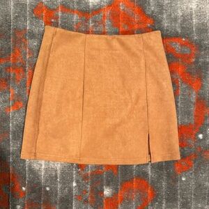 Mittoshop Camel Faux Suede Mini Skirt with Side Slit